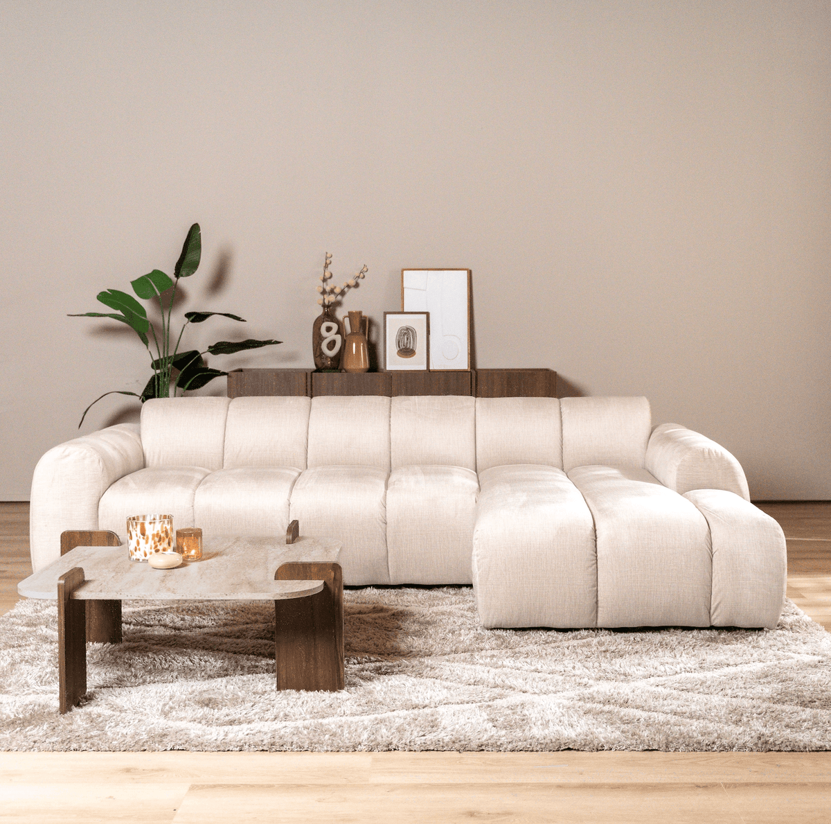 Sofás-Sofá rinconera con salón tejido textura terciopelo beige - rayas - derecha - Brix-Dimehouse