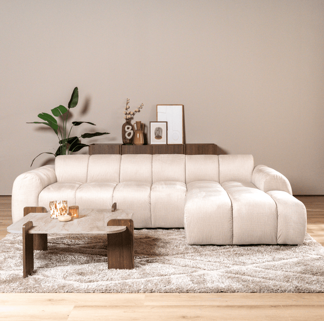 Sofás-Sofá rinconera con salón tejido textura terciopelo beige - rayas - derecha - Brix-Dimehouse