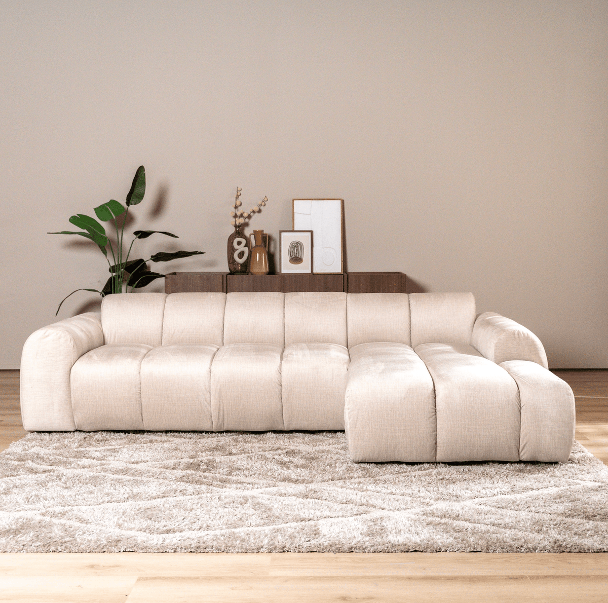 Sofás-Sofá rinconera con salón tejido textura terciopelo beige - rayas - derecha - Brix-Dimehouse
