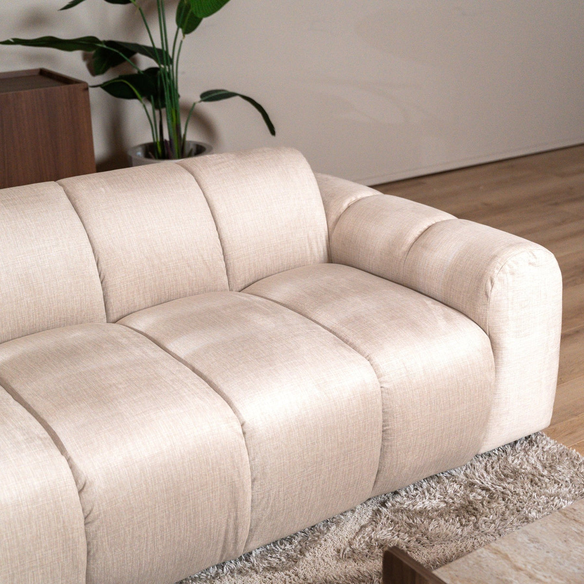 Sofás-Sofá rinconera con salón tejido textura terciopelo beige - rayas - izquierda - Brix-Dimehouse