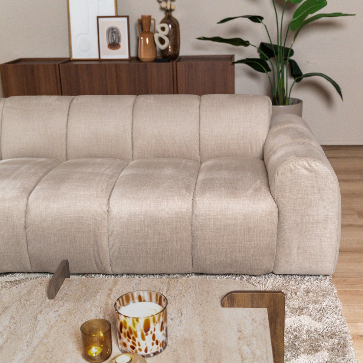 Sofás-Sofá rinconera con salón tejido textura terciopelo beige - rayas - izquierda - Brix-Dimehouse
