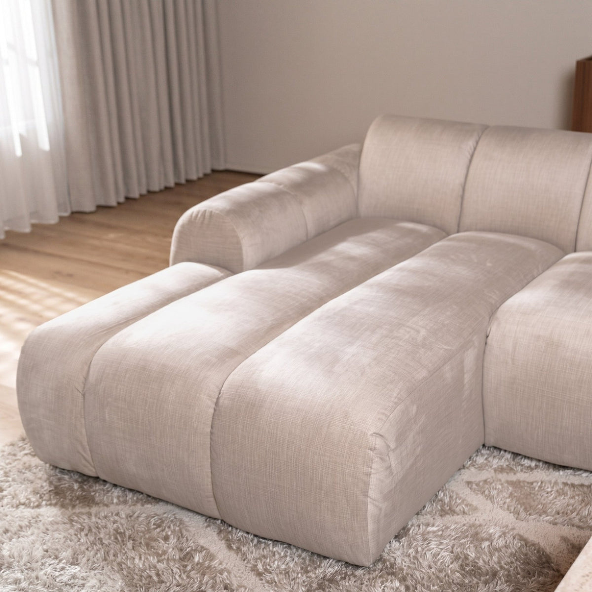Sofás-Sofá rinconera con salón tejido textura terciopelo beige - rayas - izquierda - Brix-Dimehouse