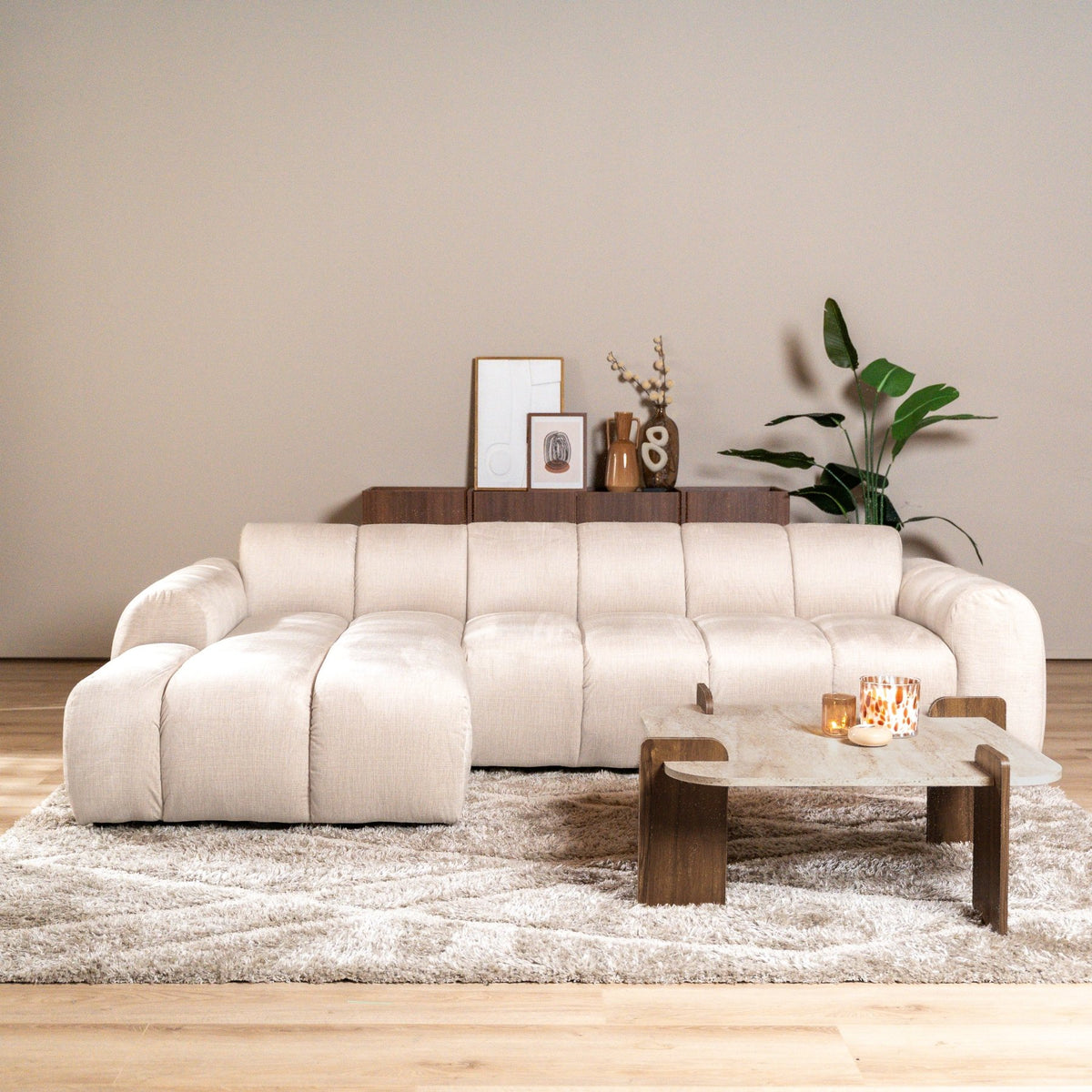 Sofás-Sofá rinconera con salón tejido textura terciopelo beige - rayas - izquierda - Brix-Dimehouse