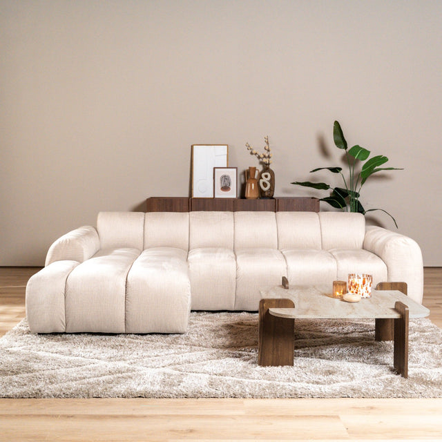 Sofás-Sofá rinconera con salón tejido textura terciopelo beige - rayas - izquierda - Brix-Dimehouse