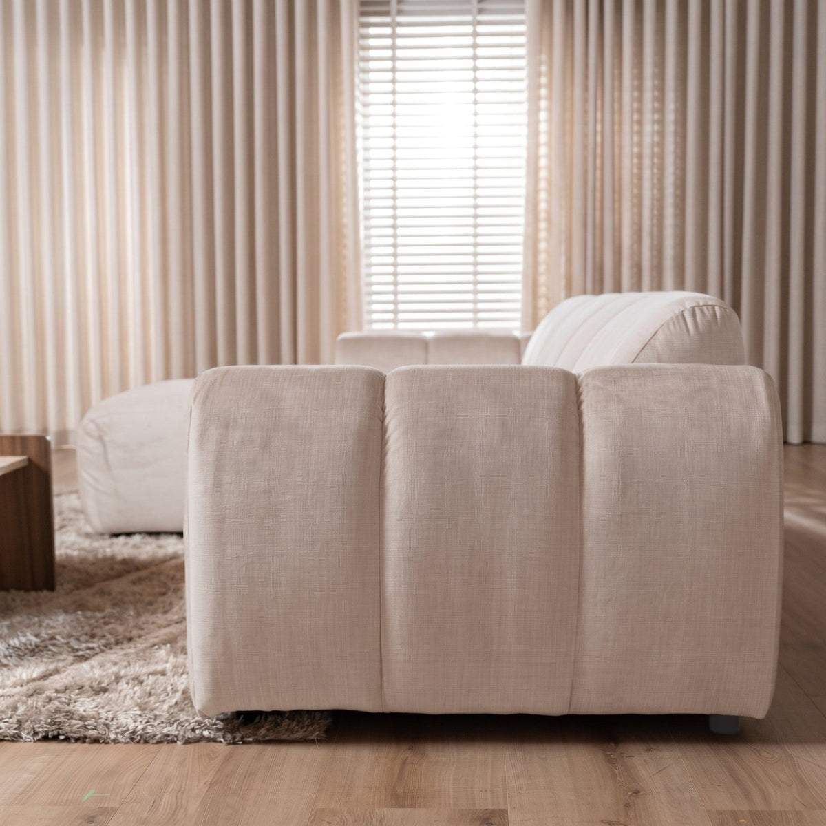Sofás-Sofá rinconera con salón tejido textura terciopelo beige - rayas - izquierda - Brix-Dimehouse