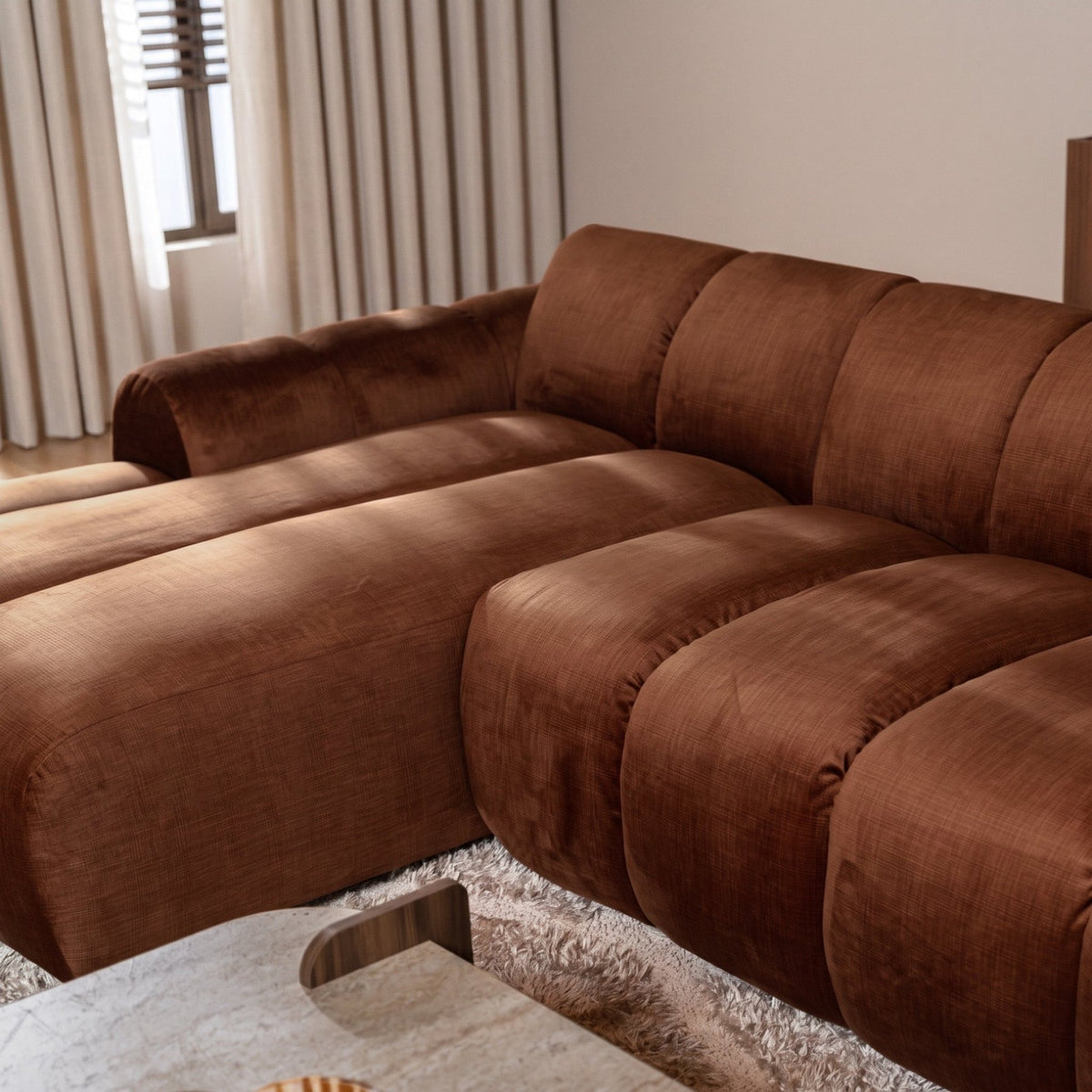 Sofás-Sofá rinconera con salón tejido textura terciopelo cobre - rayas - izquierda - Brix -Dimehouse