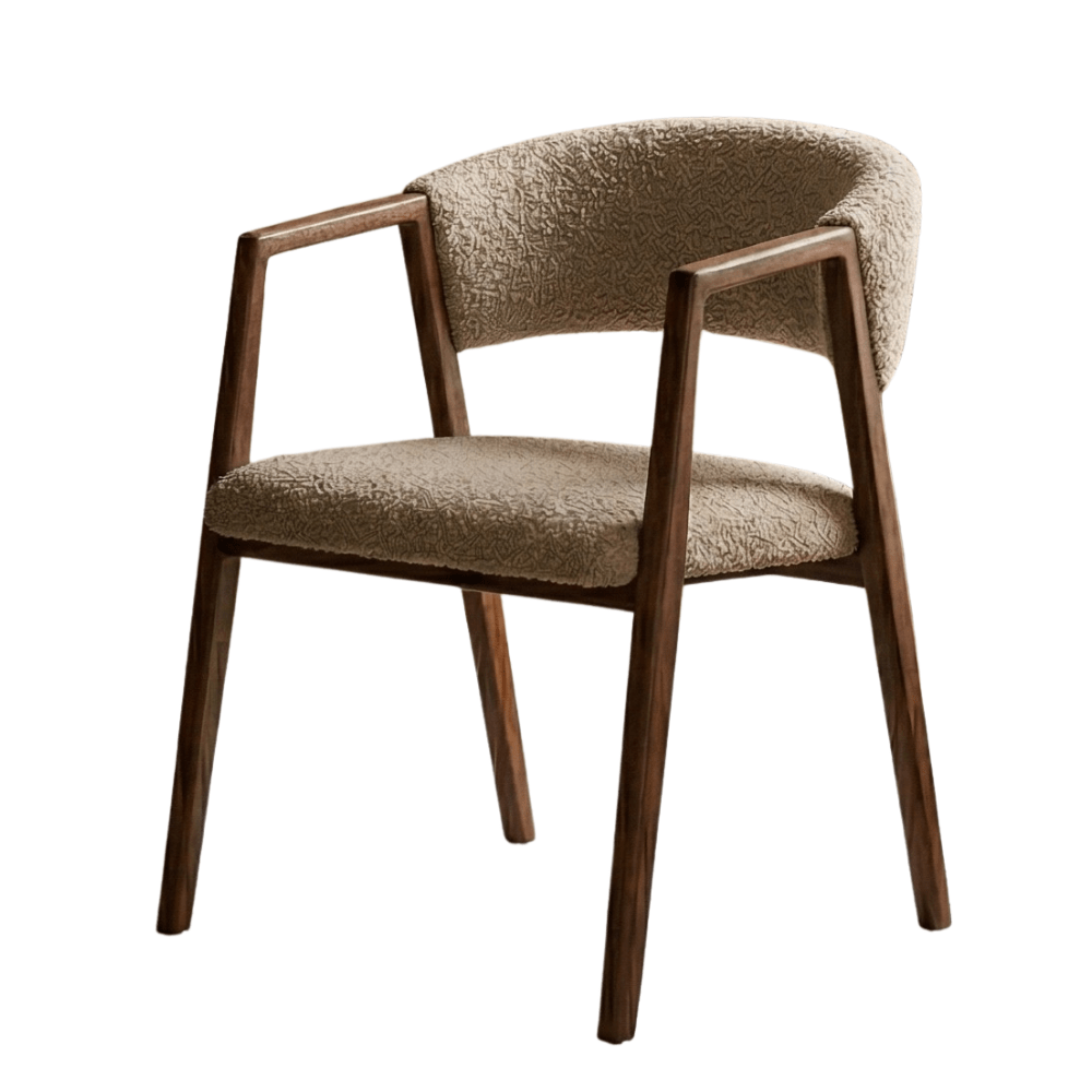 Silla de comedor Japandi bouclé color arena Kyo - estructura de nogal - con reposabrazos