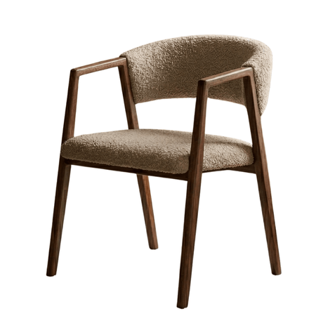 Silla de comedor Japandi bouclé color arena Kyo - estructura de nogal - con reposabrazos